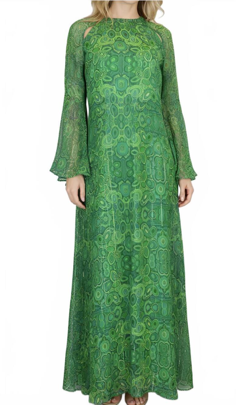NEW LA PLAGE flare sleeve maxi dress in malachite green and gold